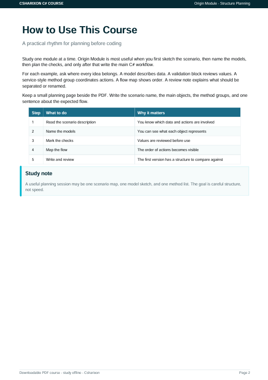 A digital preview page of a C# programming guide titled 'How to Use This Course' by Origin Module, featuring instructional text, a table, and a study note on a white background.