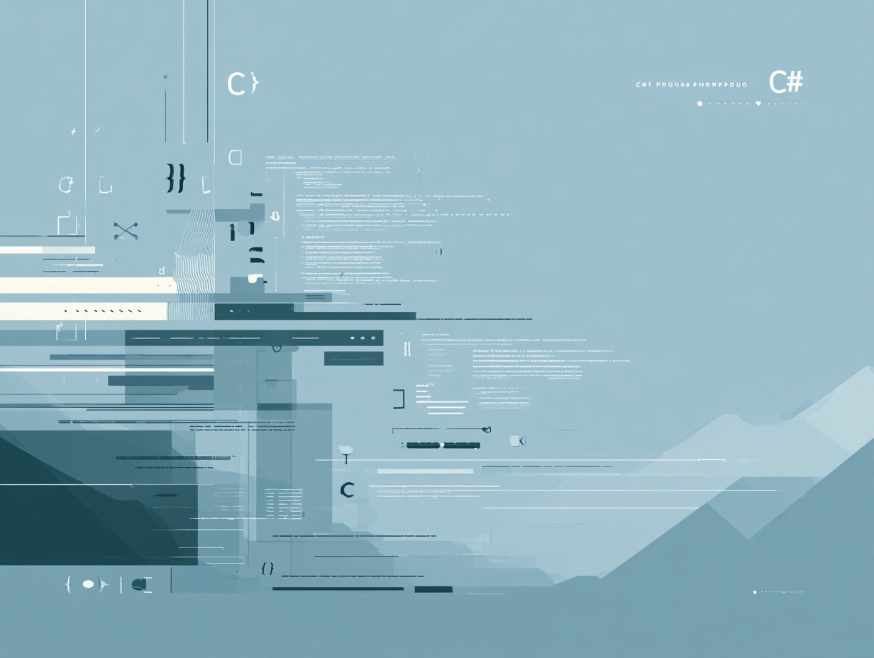 Abstract digital graphic featuring C programming syntax elements, code lines, and geometric shapes in shades of light blue, slate blue, and dark teal.