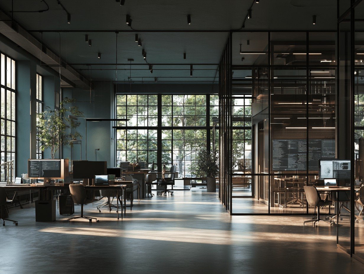 A modern, spacious open-plan office interior with dark wood desks, office chairs, computer monitors, large black-framed glass walls, and tall windows with daylight and tree reflections.