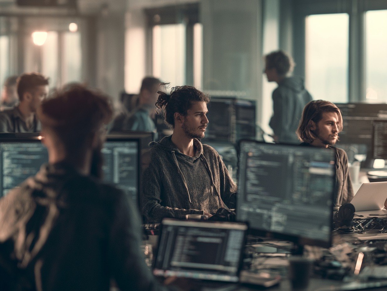 A dimly lit modern office or co-working space with several people seated at desks surrounded by computer monitors and laptops.
