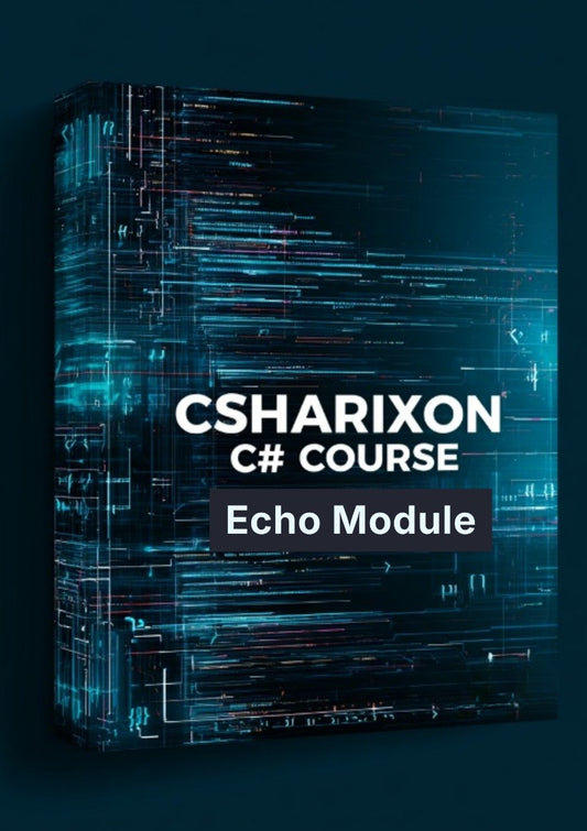 A 3D box mockup for a 'CSHARIXON C# COURSE Echo Module' featuring a dark blue and black digital circuit board pattern with glowing blue and orange lines, set against a dark teal background.