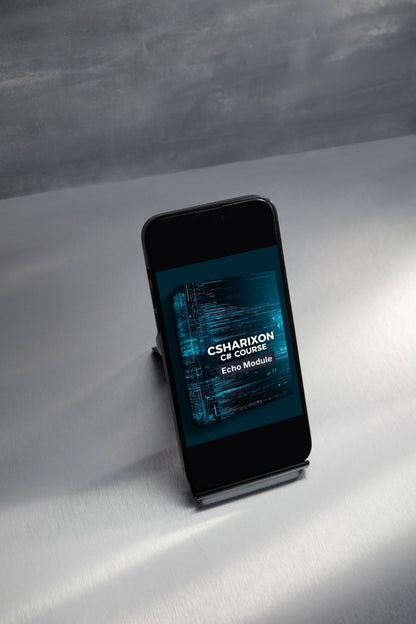 A black smartphone on a small stand displaying the C#Sharixon CE Course Echo Module cover, set against a gray textured background.