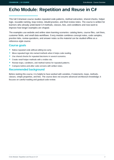 A digital preview page of a C# training course module titled 'Echo Module: Repetition and Reuse in C#'. The page features a dark teal header with white text and a white body containing black text detailing course objectives, recommended background, and learning outcomes.