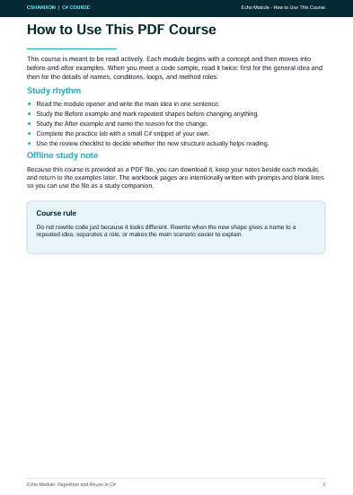 A digital screenshot of a PDF course page titled 'How to Use This PDF Course' with instructional text, bullet points, and a course rule box on a white page with a dark teal header.