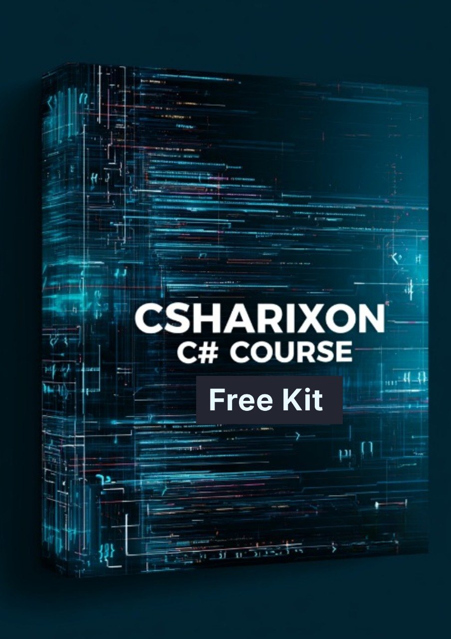 A 3D box mockup for a 'CSHARIXON C# COURSE Free Kit' featuring a dark blue and black digital circuit board pattern with glowing blue and orange lines, set against a dark teal background.