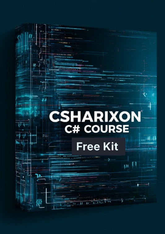 A 3D box mockup for a 'CSHARIXON C# COURSE Free Kit' featuring a dark blue and black digital circuit board pattern with glowing blue and orange lines, set against a dark teal background.