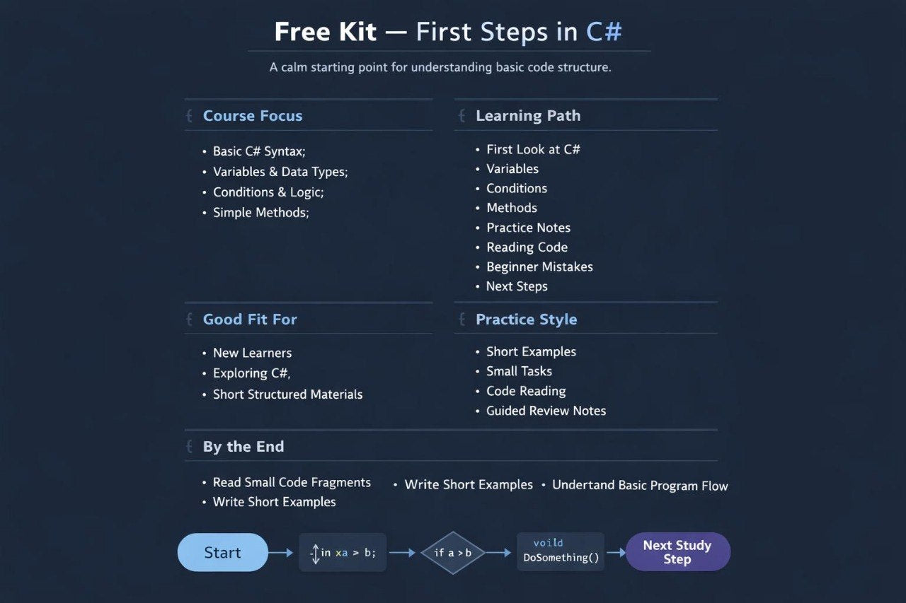 A digital graphic outlining a 'Free Kit - First Steps in C#' course, featuring a dark navy blue background with white text and light blue/purple accent boxes detailing course focus, learning path, target audience, practice style, and a study flowchart.