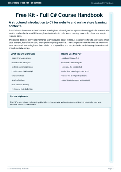 A digital preview page of a 'Free Kit - Full C# Course Handbook' from Cohesion Learning Materials, featuring a structured introduction to C# with text sections and a light blue vertical stripe on a white page.