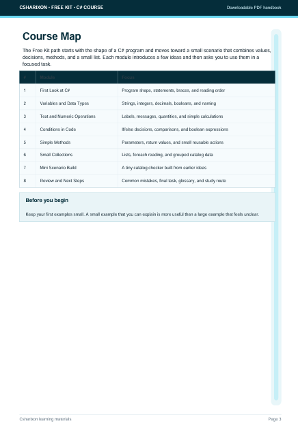 A digital preview page of a CSHARROUN Free Kit - C# Course handout, displaying a table of course topics and a 'Before you begin' section on a white page with a dark teal header.