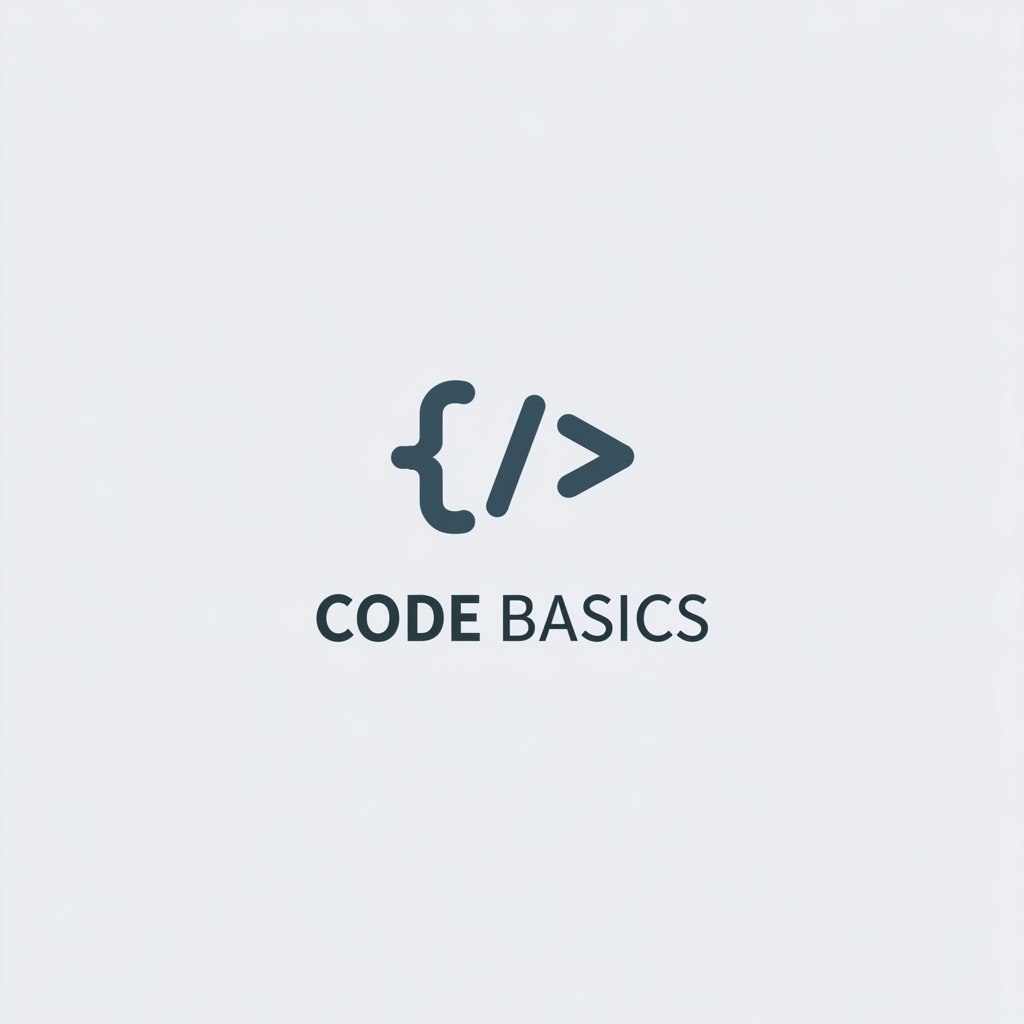 A minimalist digital graphic featuring a dark teal code bracket symbol above the text 'CODE BASICS' on a light gray background.