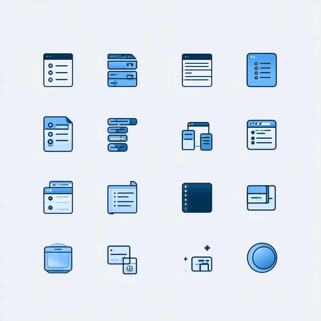 A grid of blue and navy digital interface icons on a light gray background, including document, folder, list, and app-style symbols.