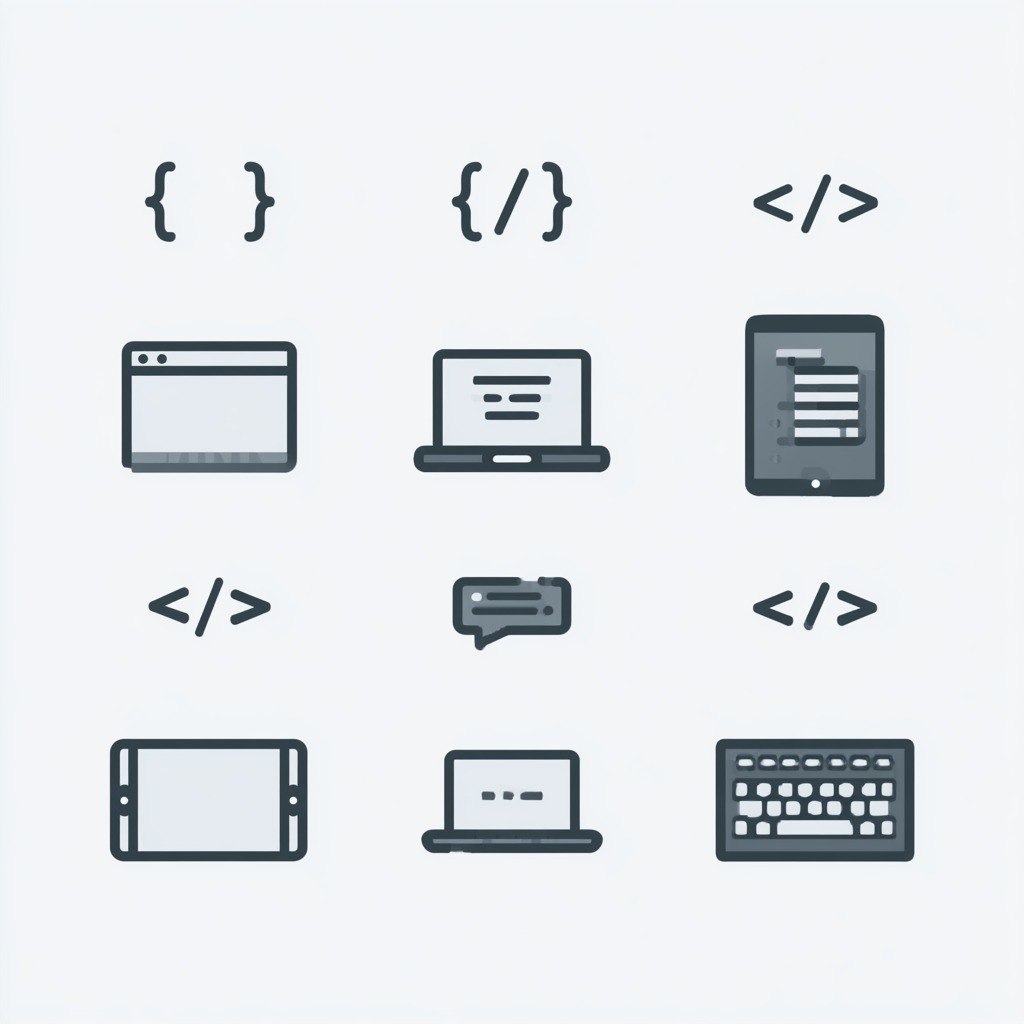 A set of flat technology-themed icons on a light gray background, including curly braces, forward and backward slashes, a computer monitor, laptop, tablet, speech bubble, keyboard, and mobile phone.