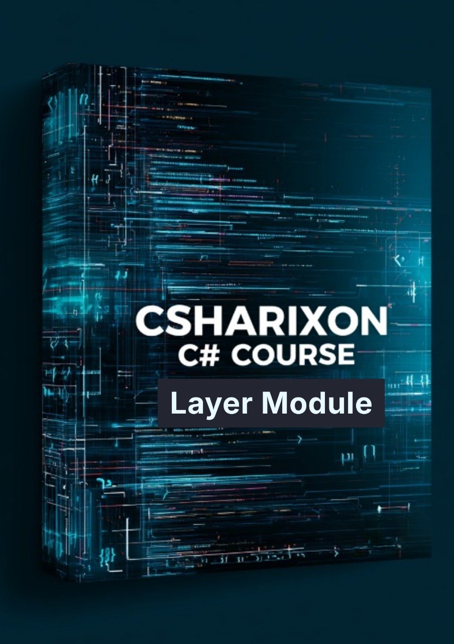 A 3D box-style cover design for a C# course module titled 'CSHARIXON C# COURSE Layer Module' on a dark teal background with glowing blue and white digital interface lines.