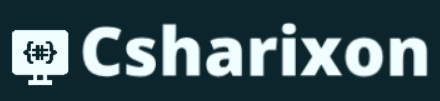 A dark teal graphic featuring a white computer monitor icon with a code bracket and hash symbol inside, next to the word 'Csharixon' in large white text.