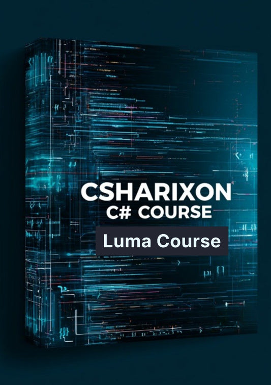 A 3D box mockup for a 'CSHARIXON C# COURSE Luma Course' digital product, featuring a dark blue and black background with glowing blue and white digital circuitry lines.