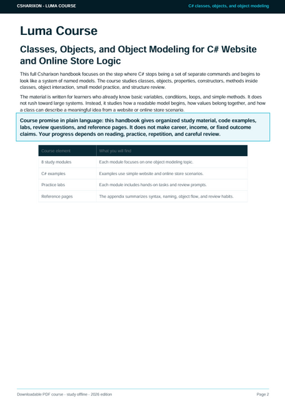 A digital preview page of a PDF e-book titled 'Luma Course: Classes, Objects, and Object Modeling for C# Website and Online Store Logic' from the brand 'C# Champion'. The page features a white background with black text, a light blue highlighted section, and a dark blue table at the bottom detailing course features.