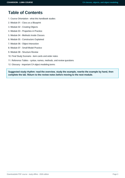A digital preview of a study guide's table of contents page from CS:IMENSION - LUMA COURSE, showing a list of modules and suggested study rhythms on a white page with a dark teal header.