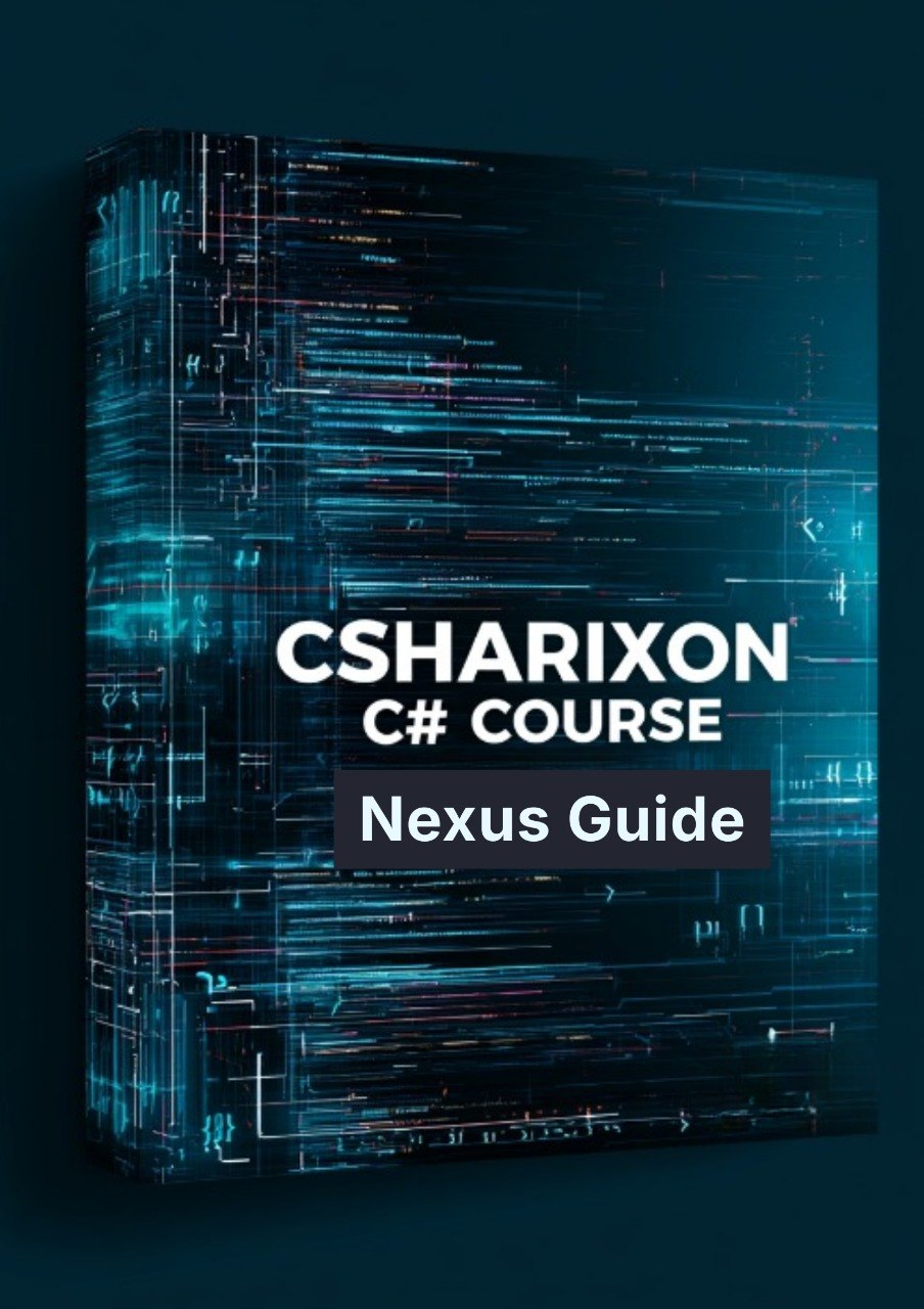 A 3D box mockup displaying a book or guide titled 'CSHARIXON C# COURSE Nexus Guide' with a dark blue and black digital circuit board background pattern.