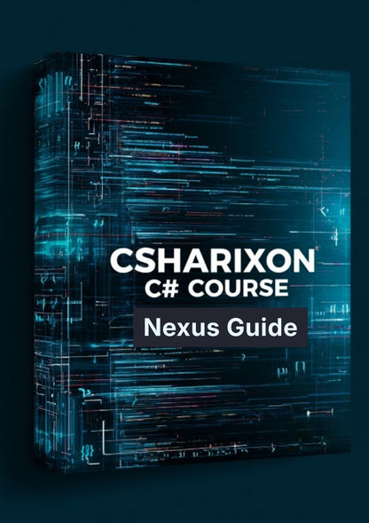 A 3D box mockup displaying a book or guide titled 'CSHARIXON C# COURSE Nexus Guide' with a dark blue and black digital circuit board background pattern.