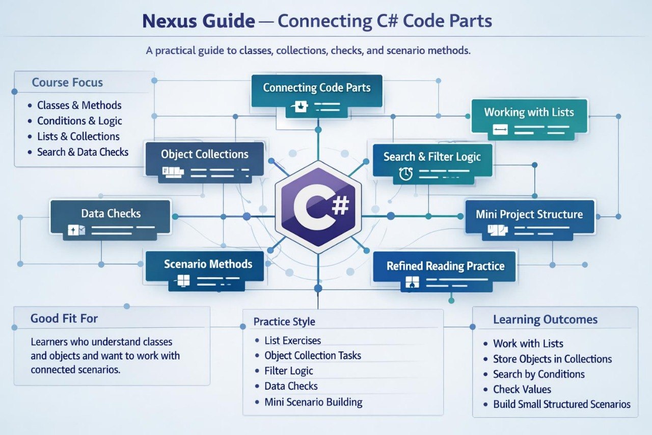 An infographic titled 'Nexus Guide — Connecting C# Code Parts' with a central purple hexagon containing a C# symbol, surrounded by connected blue and teal boxes outlining topics such as object collections, search and filter logic, mini project structure, and learning outcomes on a pale blue background.