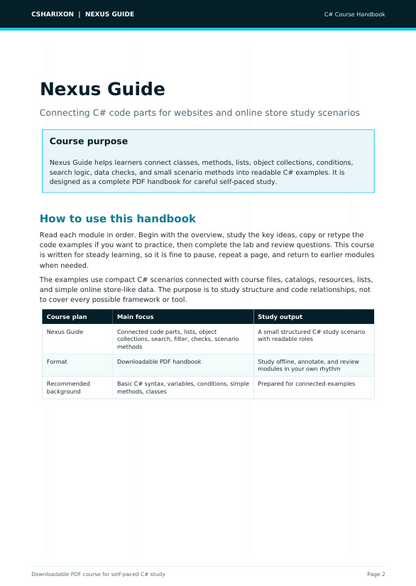 A digital preview page of the 'Nexus Guide' from C#arium | Nexus Guide, showing course purpose, usage instructions, and a feature table on a white background with a dark teal header.