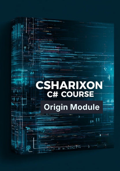 A 3D box mockup for a 'CSHARIXON C# COURSE Origin Module' digital course, featuring a dark blue and black background with glowing blue and white digital code lines.