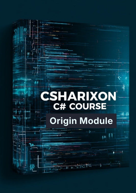 A 3D box mockup for a 'CSHARIXON C# COURSE Origin Module' digital course, featuring a dark blue and black background with glowing blue and white digital code lines.