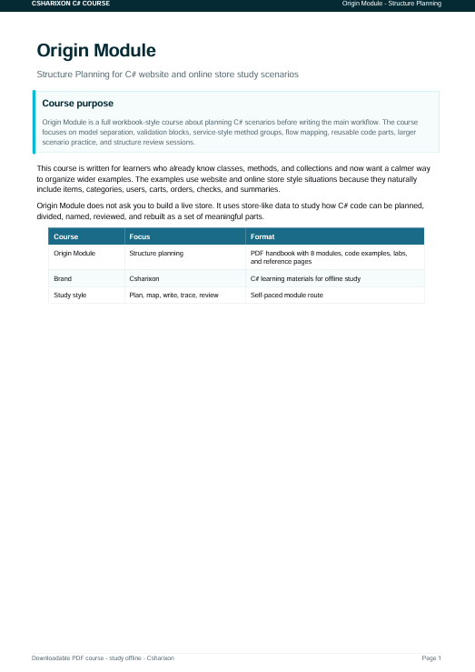 A document page titled 'Origin Module' with course information, a course purpose section, and a small table comparing origin modules with Fennel and Framer. The page is mostly white with black text and a light blue header block.