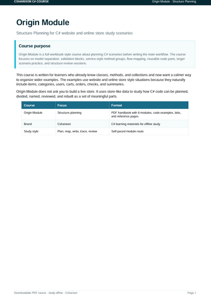 A document page titled 'Origin Module' with course information, a course purpose section, and a small table comparing origin modules with Fennel and Framer. The page is mostly white with black text and a light blue header block.