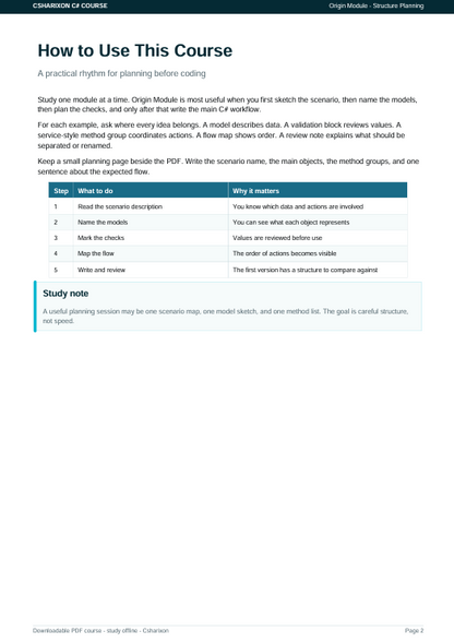 A digital preview page of a C# programming guide titled 'How to Use This Course' by Origin Module, featuring instructional text, a table, and a study note on a white background.