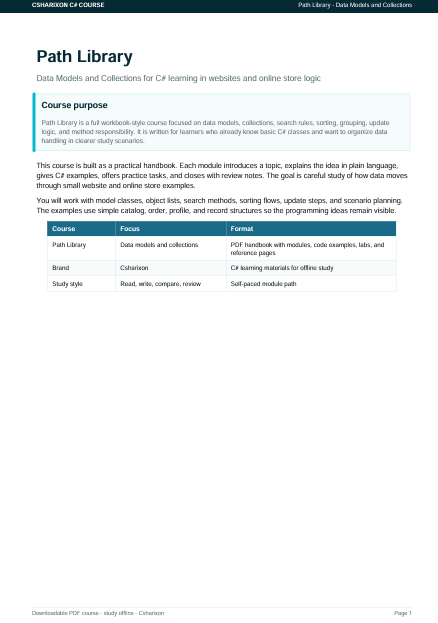 A digital document page titled 'Path Library' from a 'Computer Science CP Course' PDF, displaying course purpose text and a table outlining paths, functions, brand, criteria, and study tips.