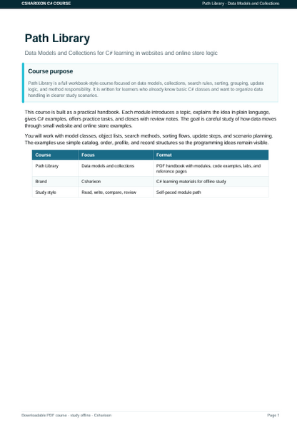A digital document page titled 'Path Library' from a 'Computer Science CP Course' PDF, displaying course purpose text and a table outlining paths, functions, brand, criteria, and study tips.