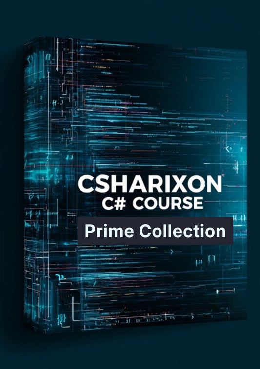 A 3D box-style cover for a C# course titled 'CSHARIXON C# COURSE Prime Collection' with a dark blue and black digital code background and white text.