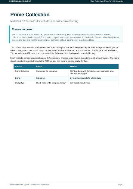 A digital preview page of a PDF course document titled 'Prime Collection' from 'Common Core of Course', outlining course purpose, modules, and a comparison table for course formats.