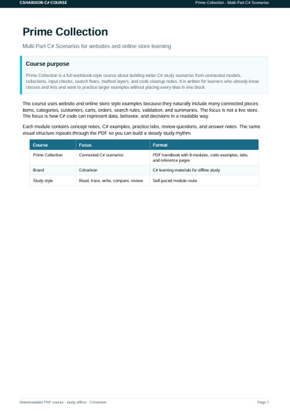 A digital preview page of a PDF course document titled 'Prime Collection' from 'Common Core of Course', outlining course purpose, modules, and a comparison table for course formats.