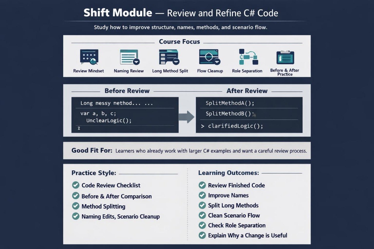 An informational graphic titled 'Shift Module — Review and Refine C# Code' on a dark blue background, with white panels showing course focus icons, before-and-after code review examples, and a 'Good Fit For' and 'Learning Outcomes' section.