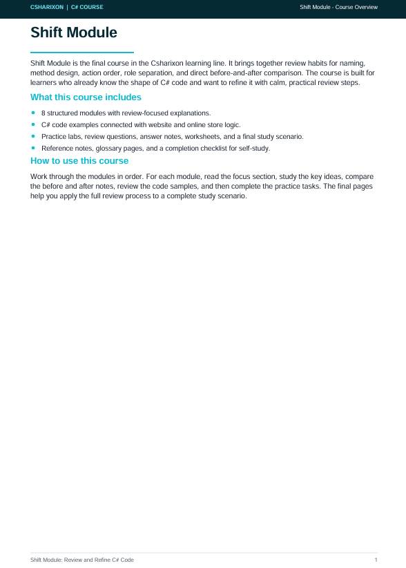 A digital screenshot of a course page for the 'Shift Module' from C# Code, showing introductory text and a bulleted list of course contents on a white background with a dark teal header.