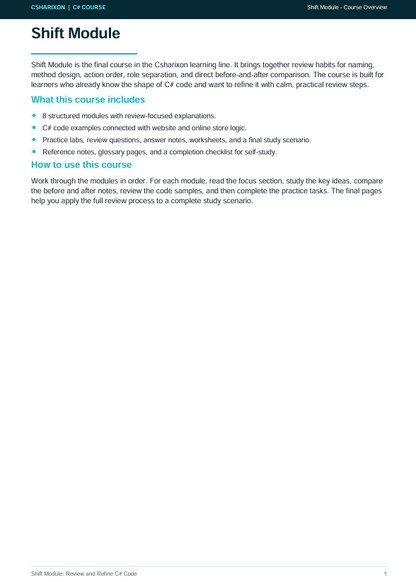 A digital screenshot of a course page for the 'Shift Module' from C# Code, showing introductory text and a bulleted list of course contents on a white background with a dark teal header.