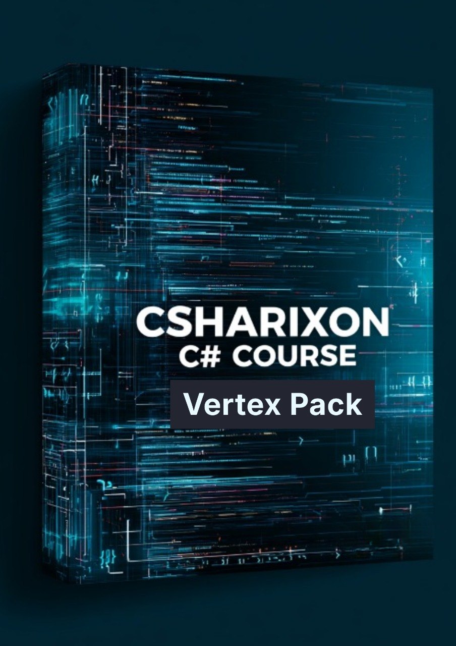 A 3D box-style cover for a digital course or asset pack, showing the text 'CSHARIXON C# COURSE' and 'Vertex Pack' on a dark blue background with glowing circuit-like lines.