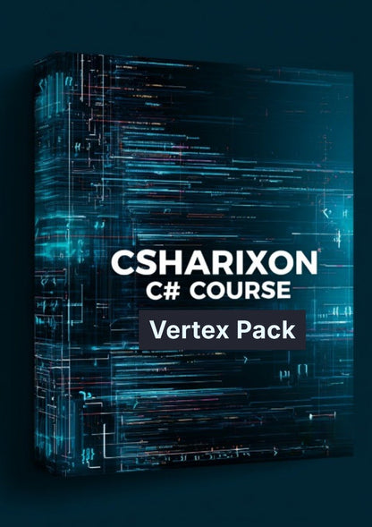 A 3D box-style cover for a digital course or asset pack, showing the text 'CSHARIXON C# COURSE' and 'Vertex Pack' on a dark blue background with glowing circuit-like lines.