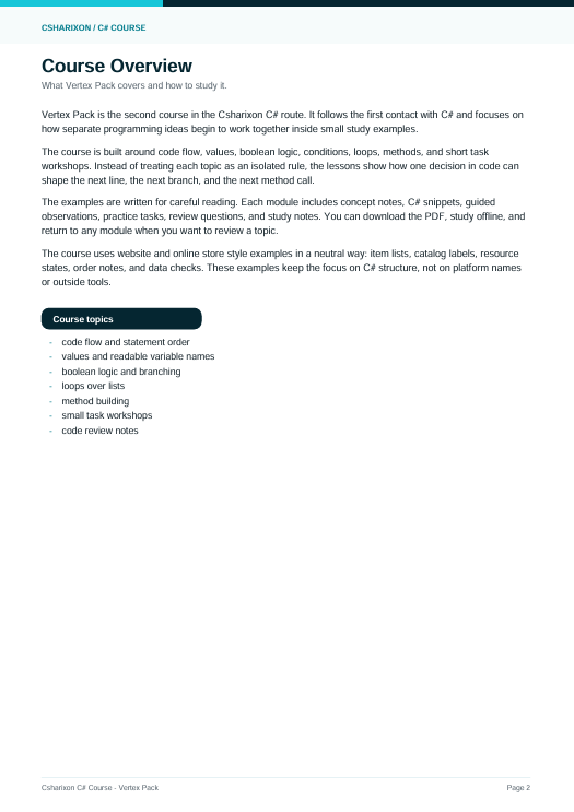 A digital document page titled 'Course Overview' for 'C# Introduction: Vectors Pack' from C# Training Company, featuring text content on a white background with a light blue header.