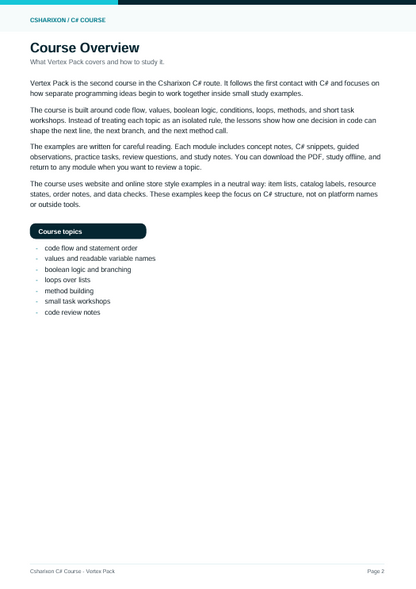 A digital document page titled 'Course Overview' for 'C# Introduction: Vectors Pack' from C# Training Company, featuring text content on a white background with a light blue header.