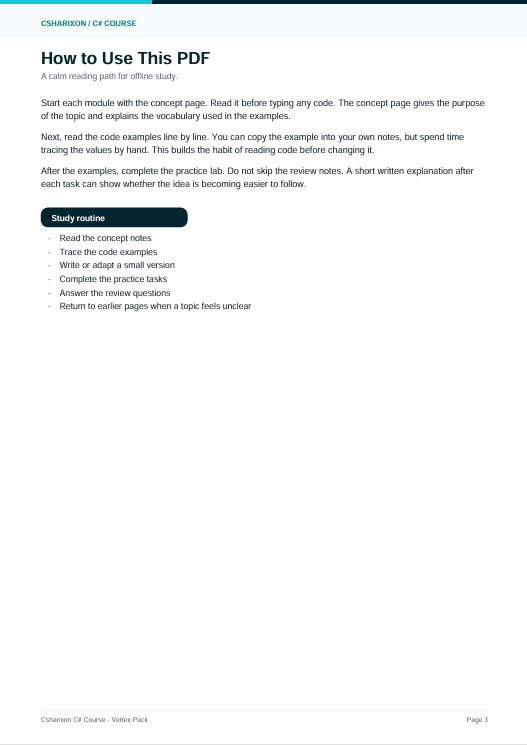 A digital preview page for a 'How to Use This PDF' companion course guide from Cohesion & Consequence, featuring instructional text and a study routine checklist on a white background.