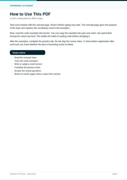 A digital preview page for a 'How to Use This PDF' companion course guide from Cohesion & Consequence, featuring instructional text and a study routine checklist on a white background.